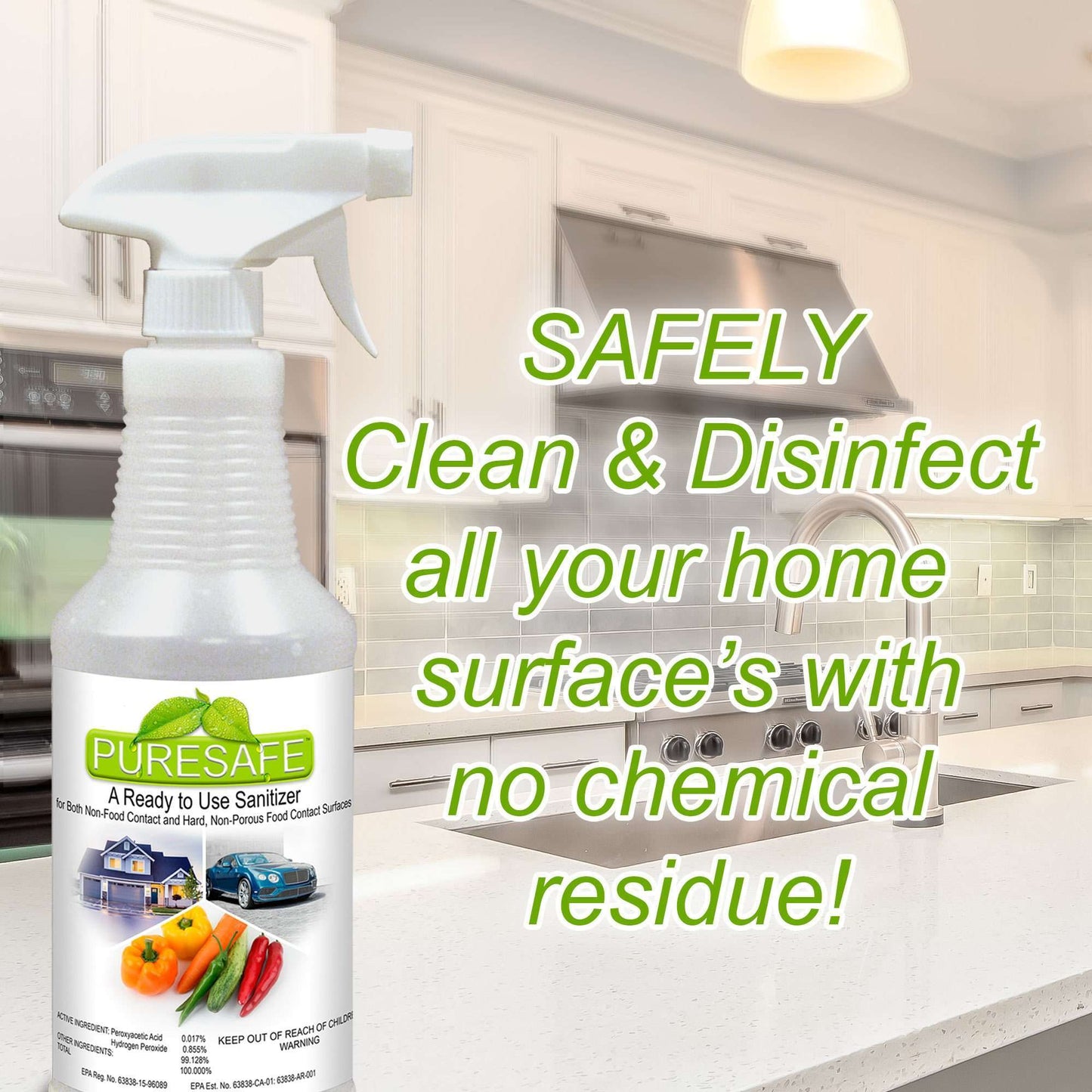SANITIZER "PURESAFE" Kills 99.9% of Bacteria and Viruses.