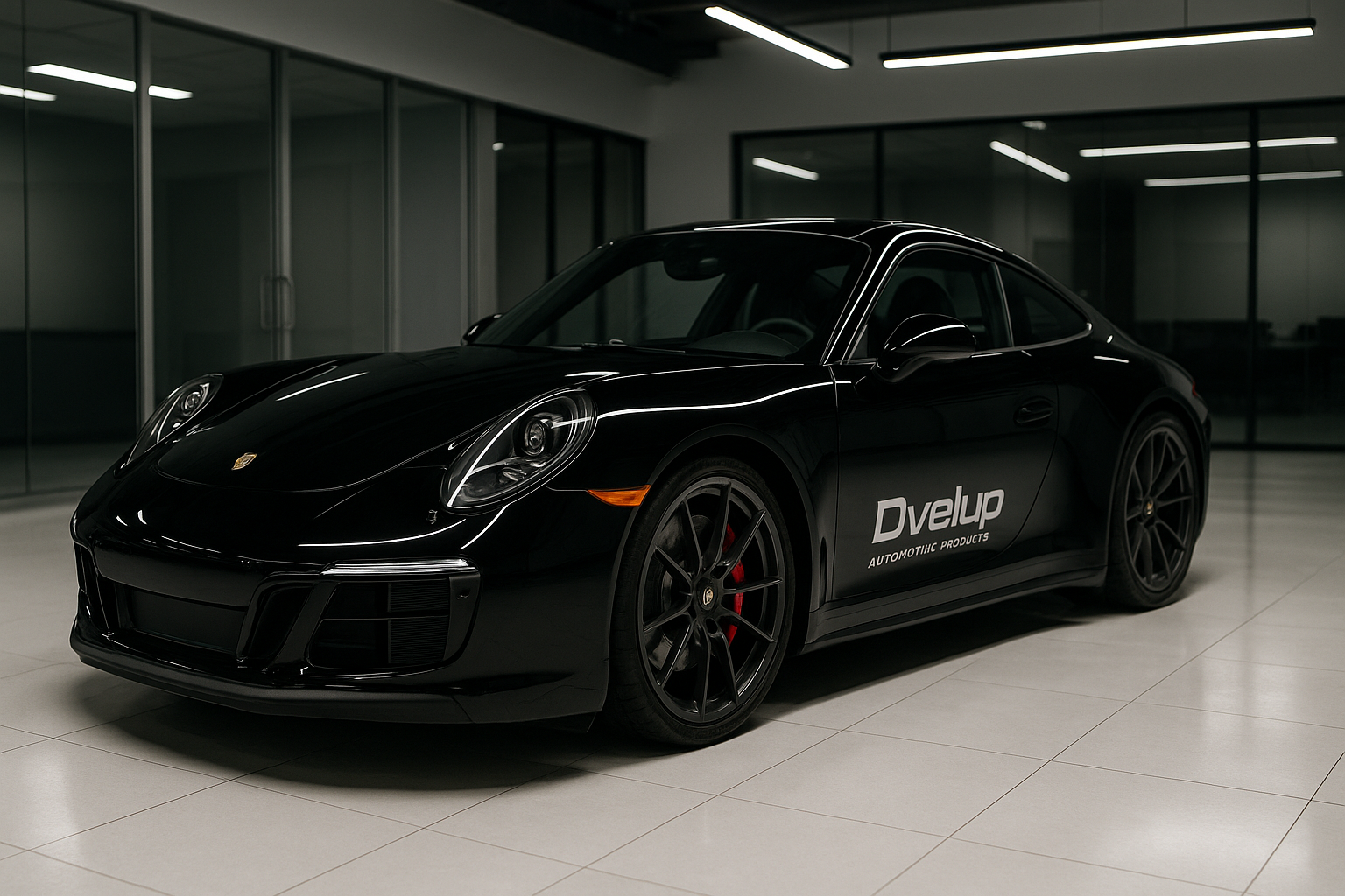 Black Porsche with Dvelup Automotive Products branding in a showroom setting without the name on the wall.  generate for a web page header