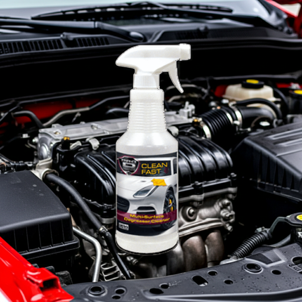 Heavy-duty automotive degreaser cleaner removing oil, tar, dirt, and grime from engine and vehicle surfaces.