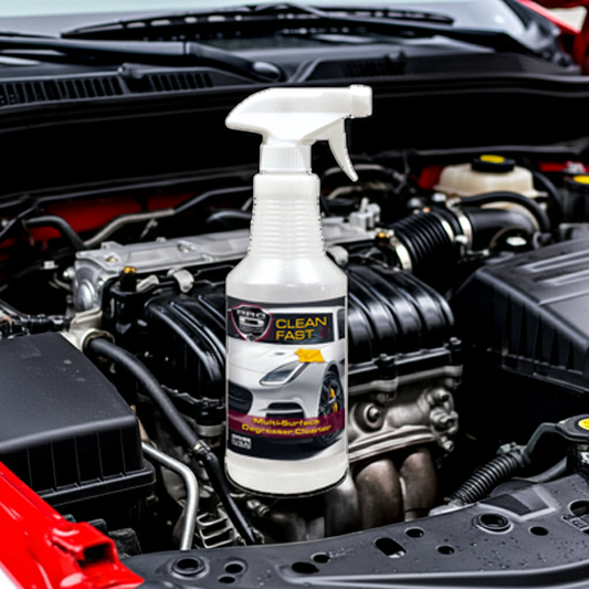 Heavy-duty automotive degreaser cleaner removing oil, tar, dirt, and grime from engine and vehicle surfaces.